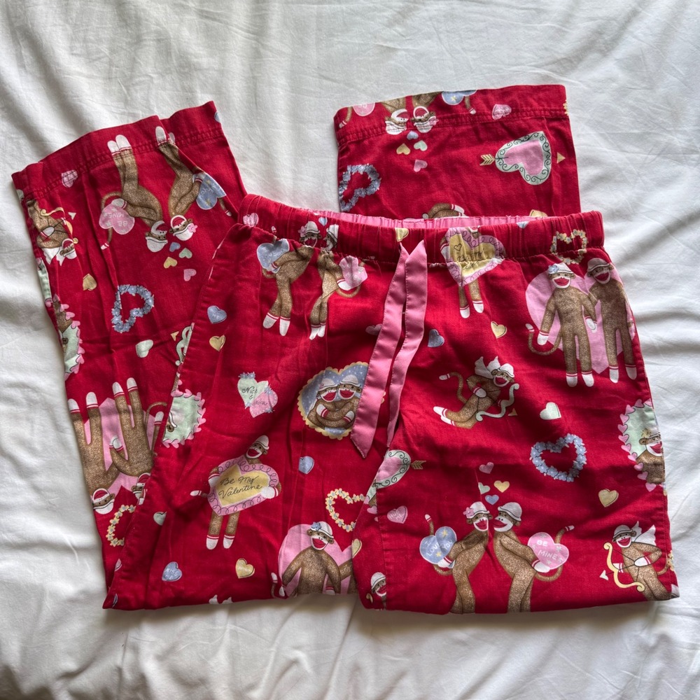 Nick & Nora Sock Monkey Valentines Day Pajama Pants Red Hearts Womens Medium